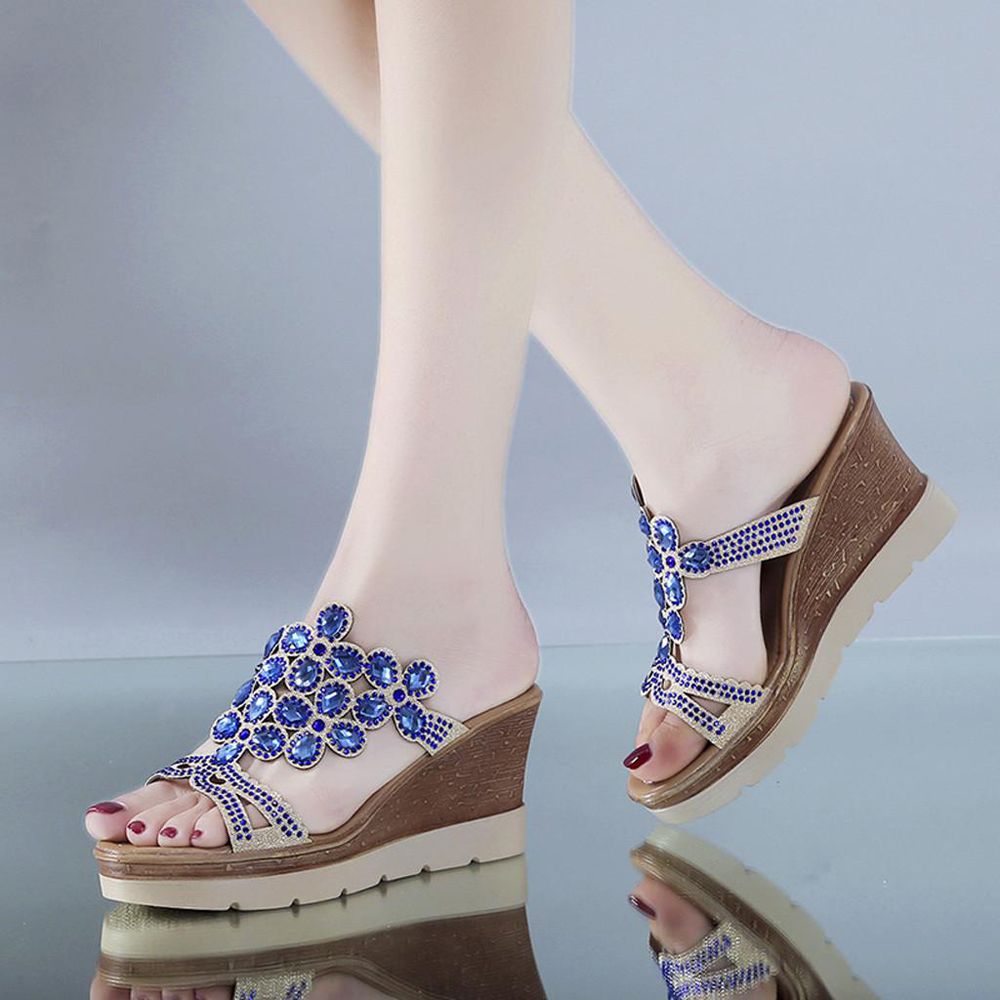 Korean Sandals for Women Women Summer Peep Toe Breathable Beach Sandals Rhinestone Slip-On Wedges Shoes Women Casual Flat Shoes Fashion Shoes Work