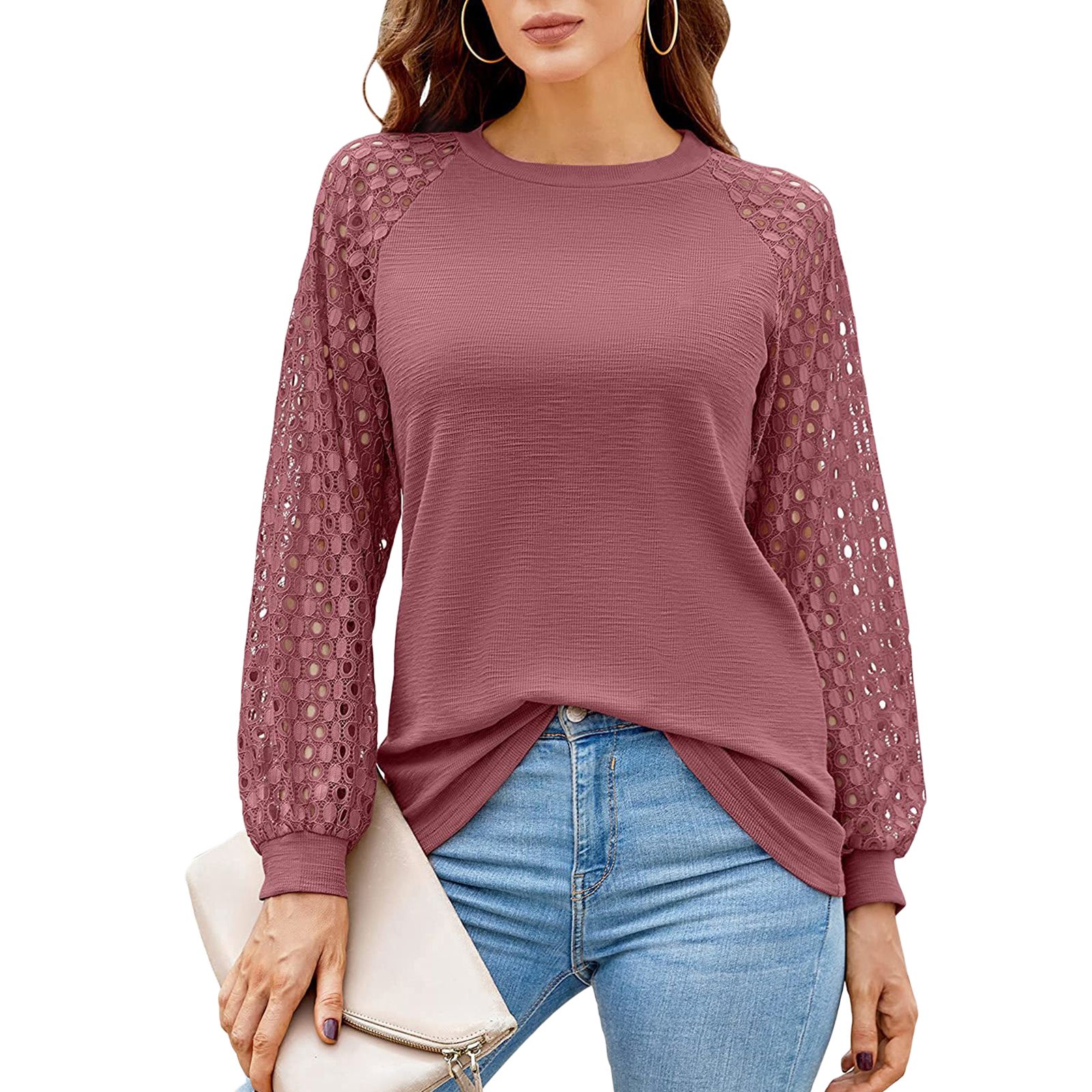 Women Long Raglan Lace Sleeves Shirt, Solid Color Hollow Round Neck Casual Tops Sweatshirt