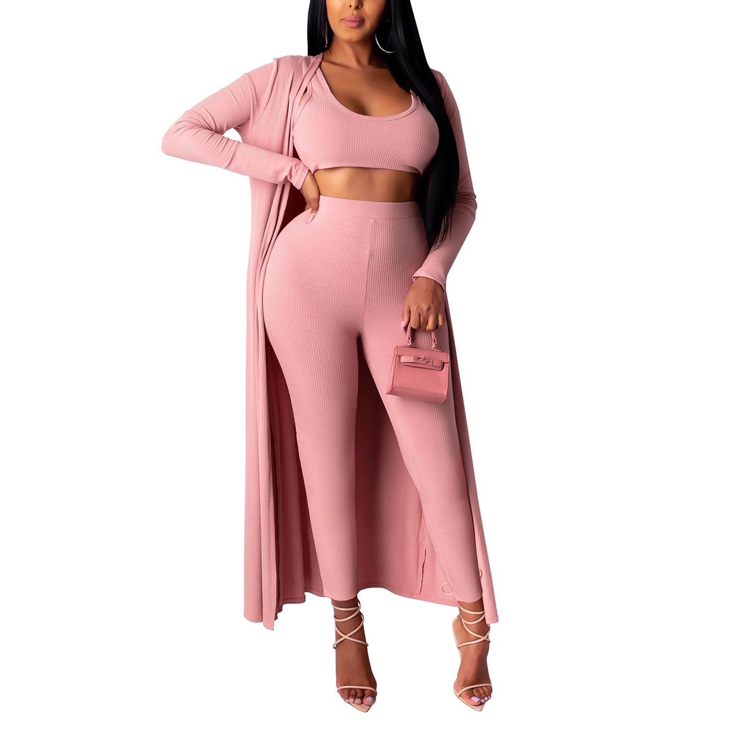 2020 Women fashion Three-piece Clothes Set, Solid Color U-shaped Vest + Cardigan + Long Pants, Orange/ Black