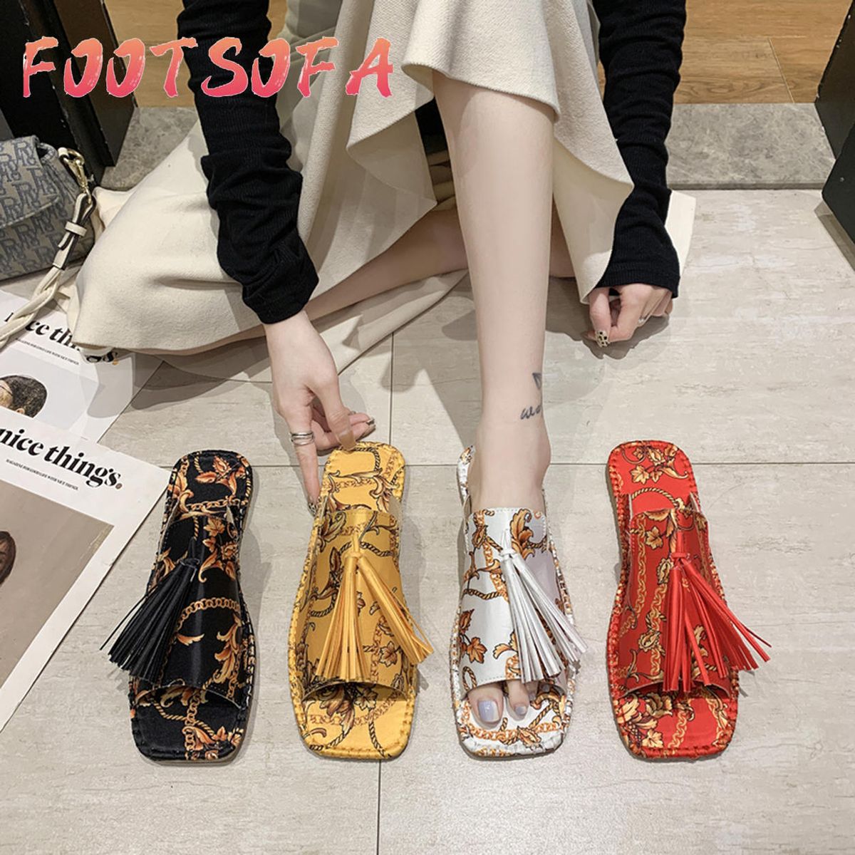 Big Size 35-43 Women Print Flat Sandals Casual Tassel National Style Flat Sandals for Women