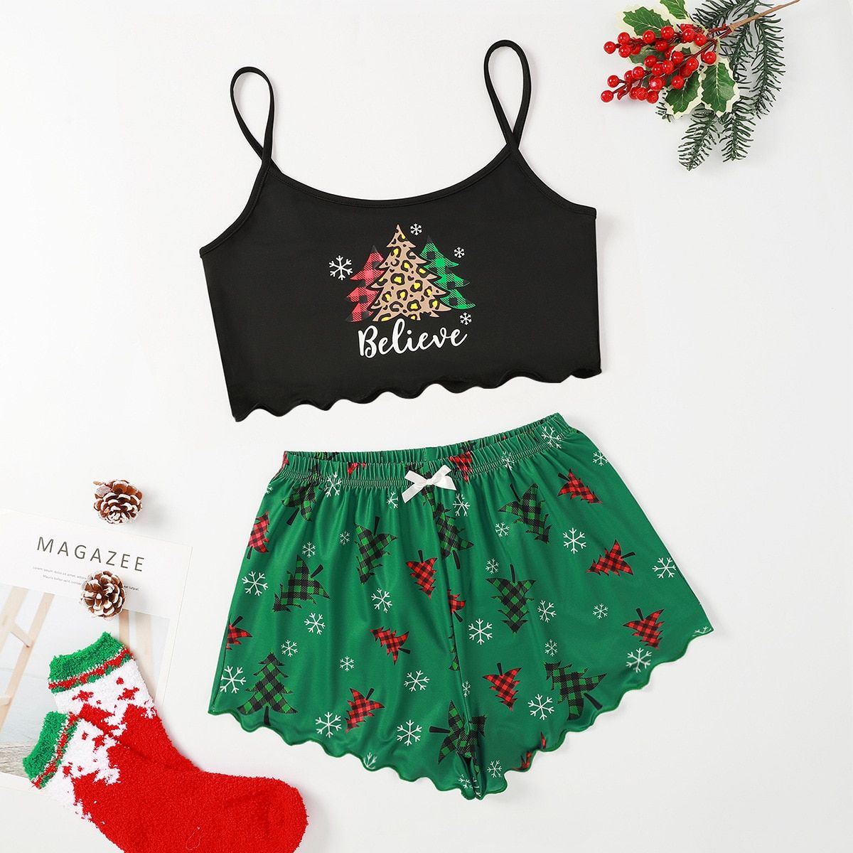 Christmas Family Matching Pajamas Set With Pants Loose Spaghetti Strap Intimate Cami Top Lingerie Autumn Sleepwear Women Pj Set