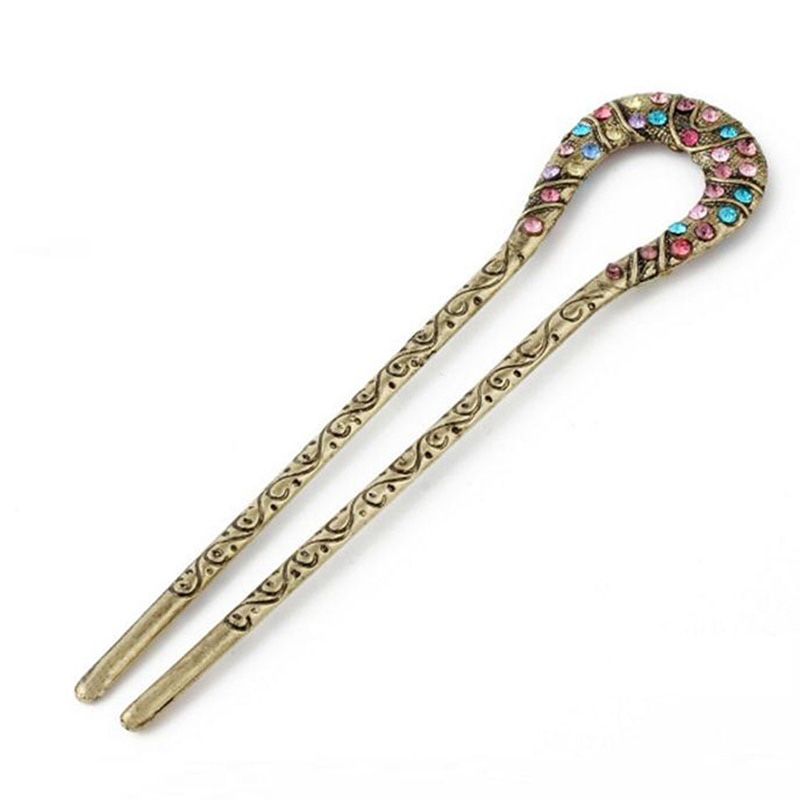 Vintage Hair Accessories Antique Bronze Plated Hairpins U shape Hair Stick Pin Women Rhinestone Flower Hair Jewelry