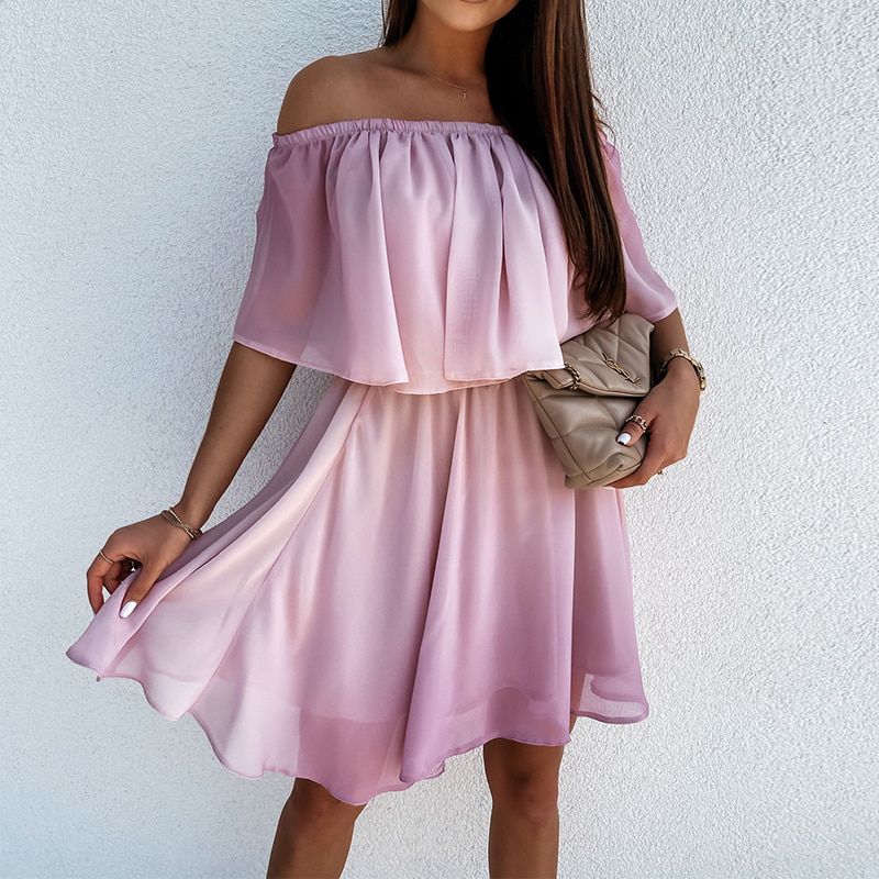 Summer Off Shoulder Tie Dye Print Dress Women Fashion Ruffle A Line Chiffon Dress 2021 Femme Short Holiday Pink Dresses
