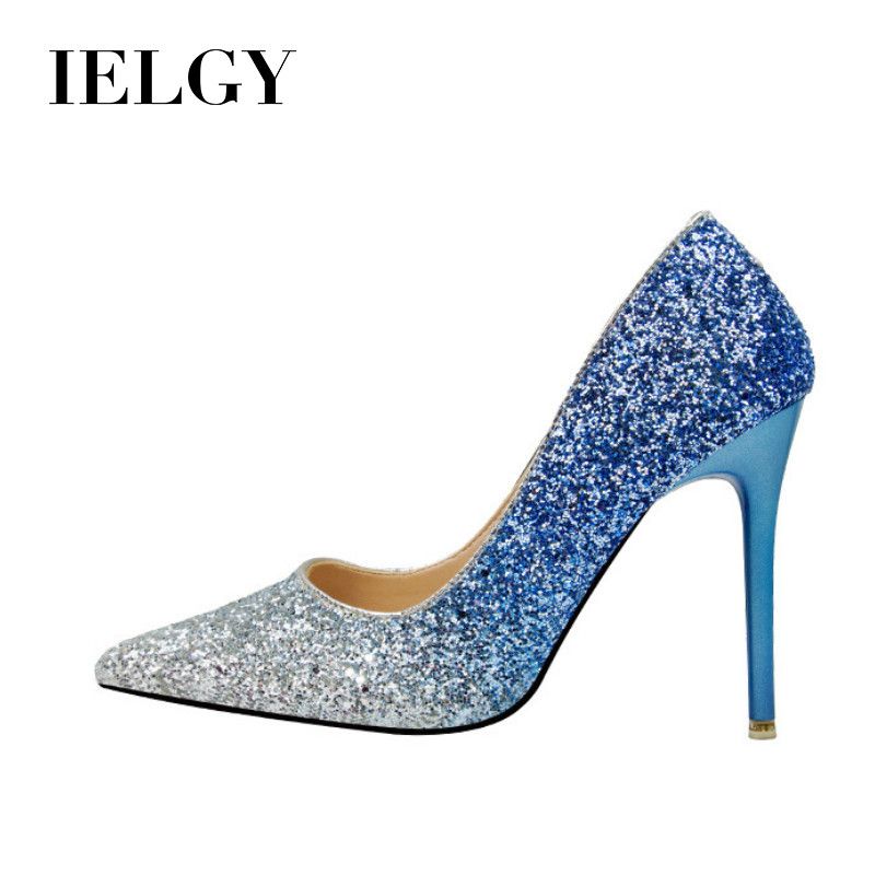 IELGY Pointed toe high heel women fashion 11cm fine heel sequins color matching sexy pumps