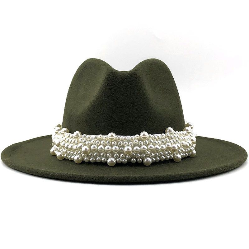Wool Jazz Fedora Hats Casual Men Women Leather Pearl ribbon Felt Hat white red pink Panama Trilby Formal Party Cap 56-58CM