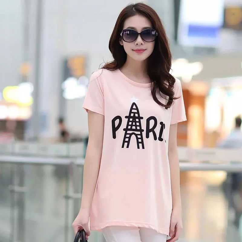 Women Fashion - Pink Cotton Half Sleeve Long T Shirt For Women