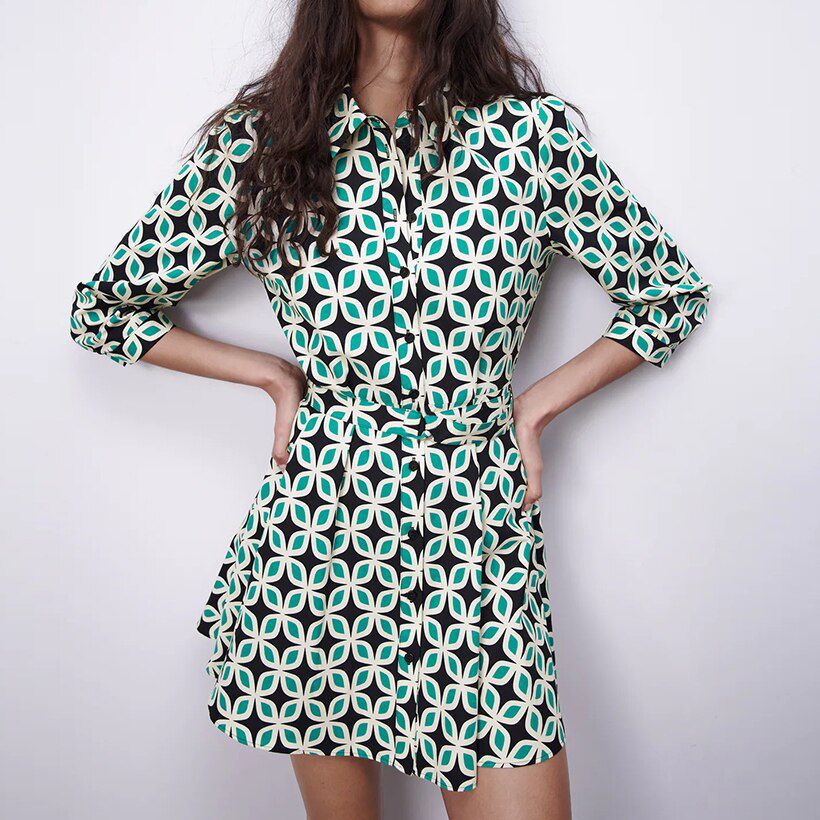 explosion models casual ladies shirt dress fashion printed shirt collar dress multi-color optional