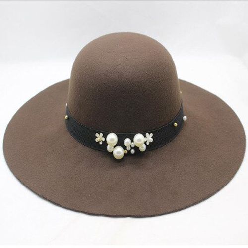Autumn Winter Hats Caps for Women Fashion Wool Felt Fedora Hat with Pearl Ladies Girls Brim Top Hats