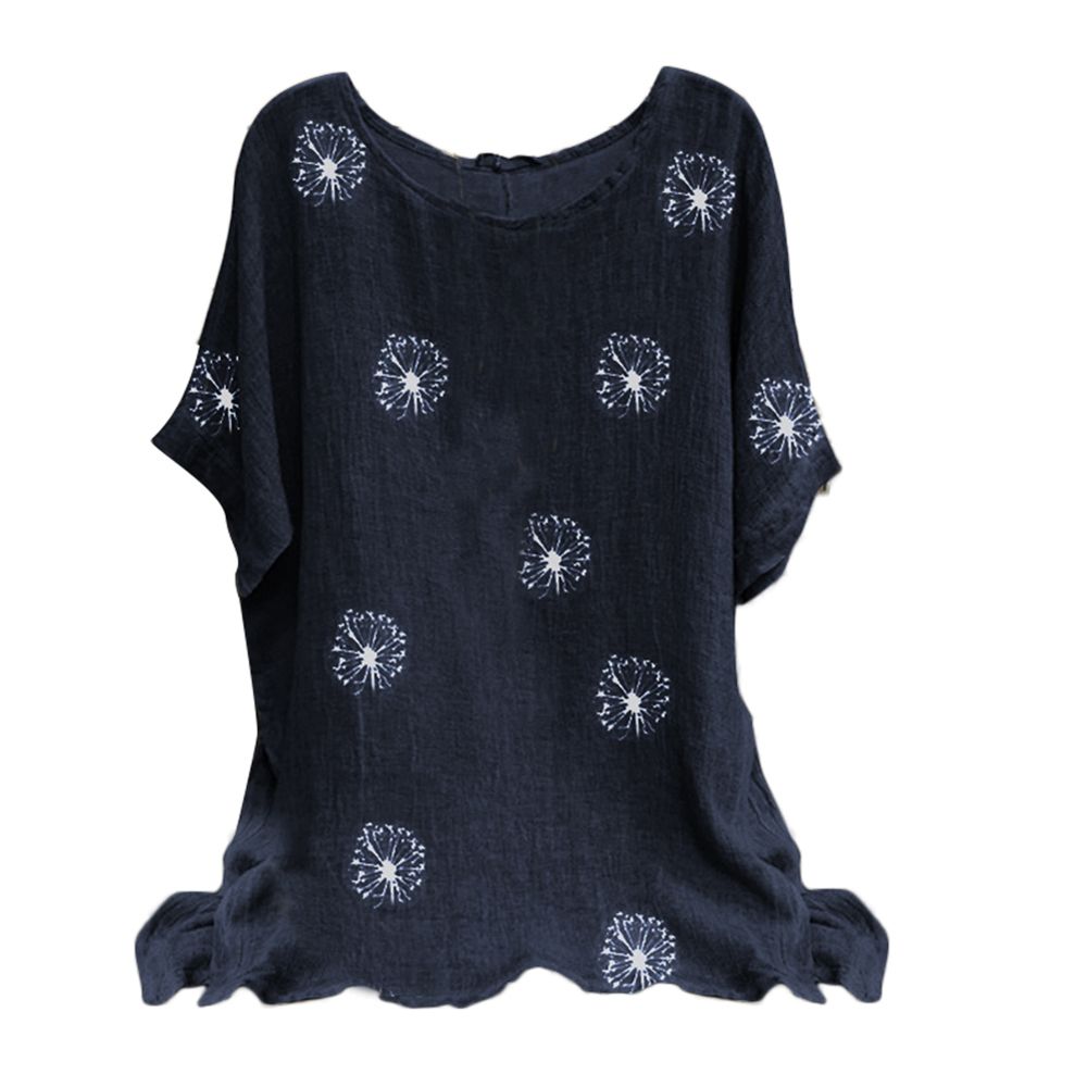 Women Summer Blouse Top O Neck Short Sleeve Dandelion Print T-shirt