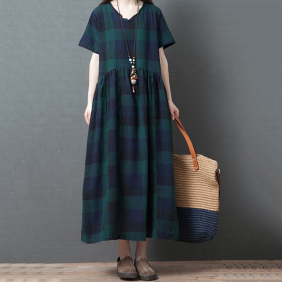 Summer V-neck Cotton Plaid Texture Loose Dress for Ladies