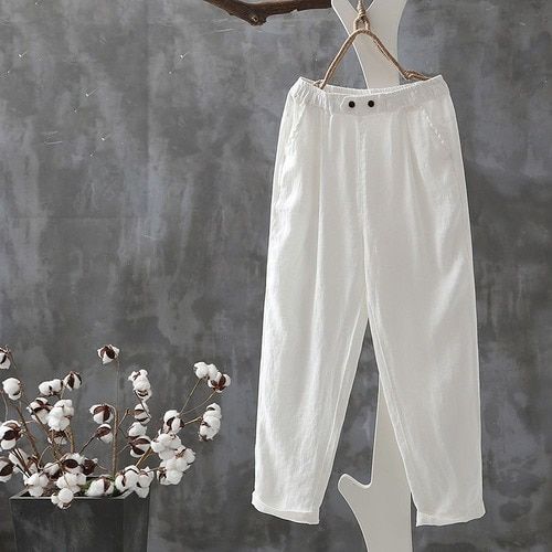 Cotton Linen Pants Women Spring Summer Ankle-Length Trousers Female Elastic Waist Casual Loose Solid Harem Pants Plus Size Capri