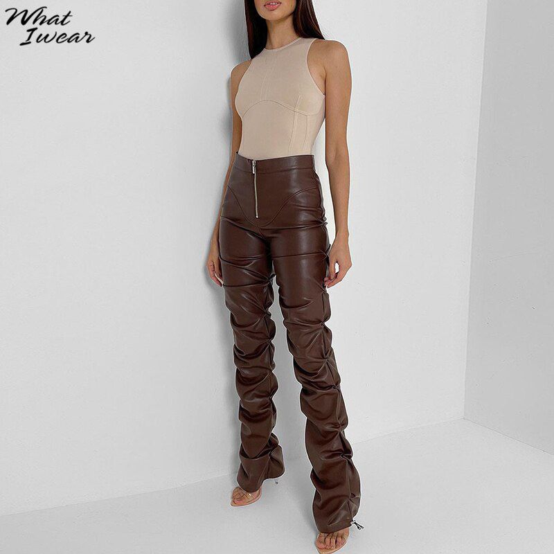 Whatiwear Faux PU Leather High Waist Black Stacked Pants Women Pants Clothing Fashion Hipster Street Style Long Trousers Hot