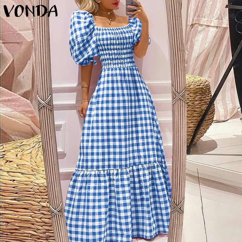 Women Evening Party Dress 2021 VONDA Sexy Short Sleeve Square Collar Plaid Maxi Dresses Beach Holiday Vestidos Robe Femme