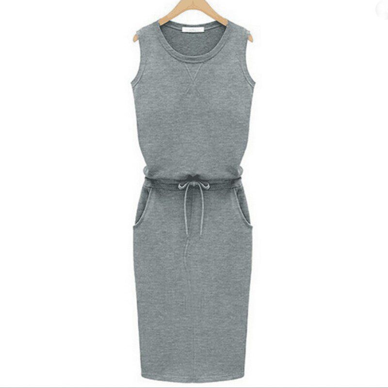 Ladies Casual Party Dress New Summer Dress Women Sleeveless Pockets with Belt Pencil Mini Dress Beach Wear