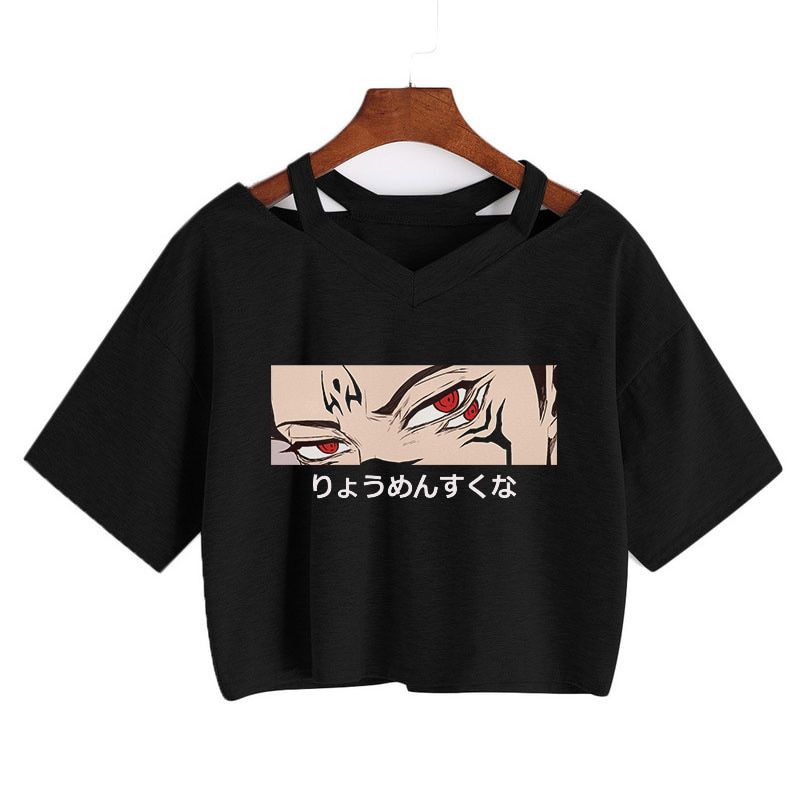 Harajuku Anime Women's tshirt Jujutsu Kaisen Printed Crop tops Punk short Tees Itadori Yuji Dark Eyes V-neck Gothic Vintage Top