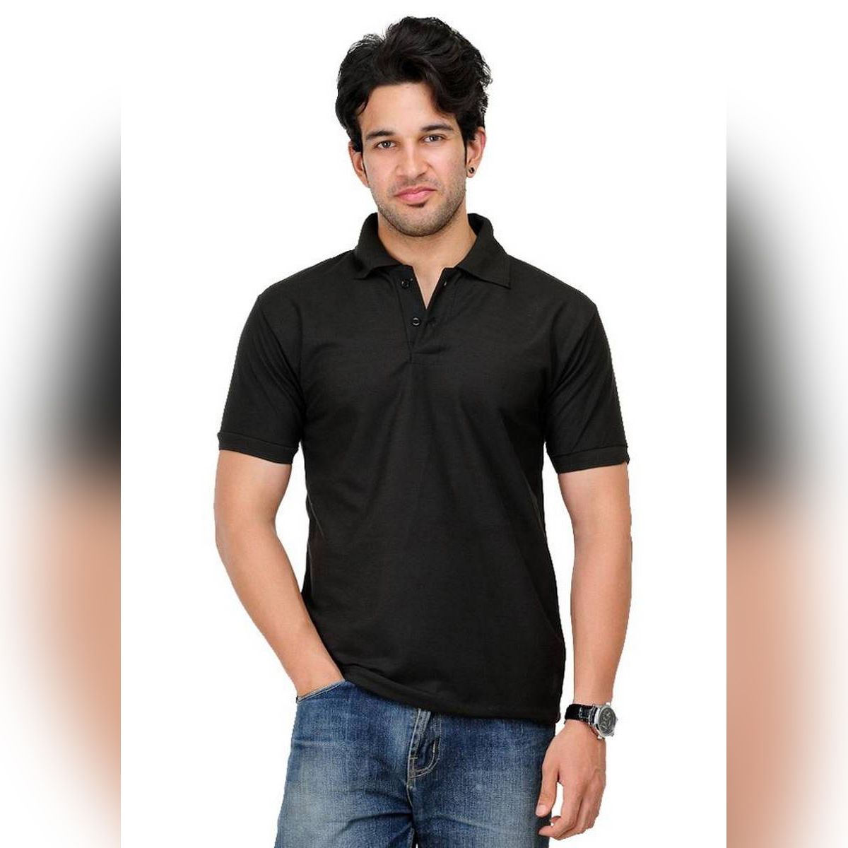 Black Cotton Short Sleeves Polo T-Shirt For Men