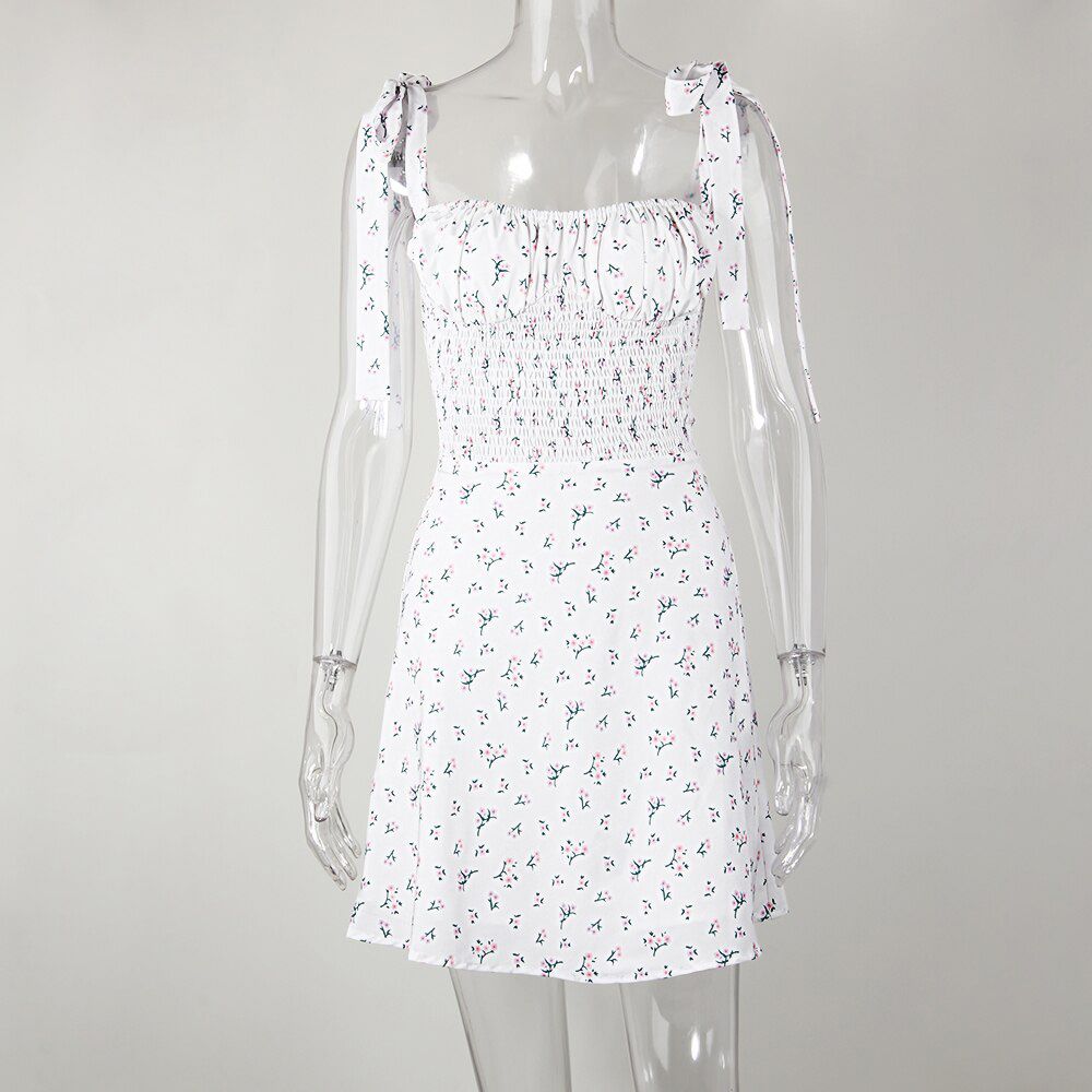 Women Sleeveless Tie Shoulder Floral Mini Dress Summer Ruched Sweet Print Mini Sundress