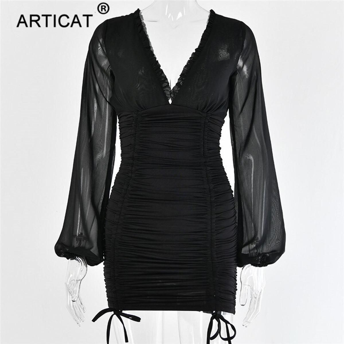 Chiffon Summer Autumn Dress Women Long Sleeve Slim Elastic Bodycon Bandage Dress Short Pleated Party Dresses