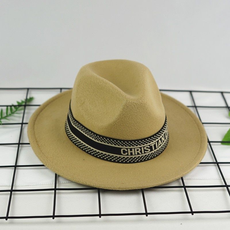 European and American trade tide brand ribbon top hat Men's flat brim wool hat Women's wide brim jazz hat autumn and winter retr