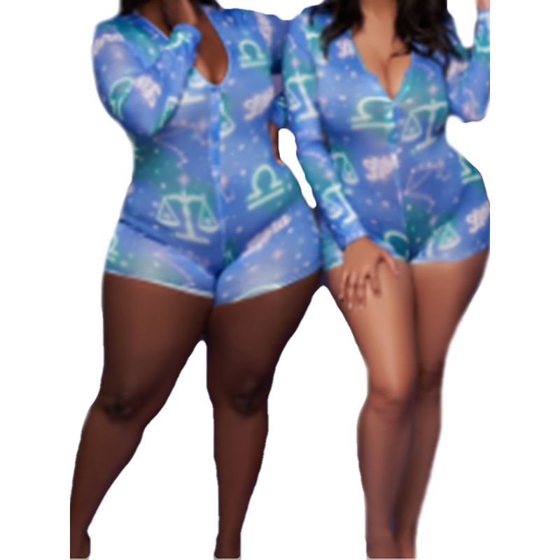 Women Fashion Printed Button up Siamese  V-neck Tight Long-sleeved Adult Romper for Women