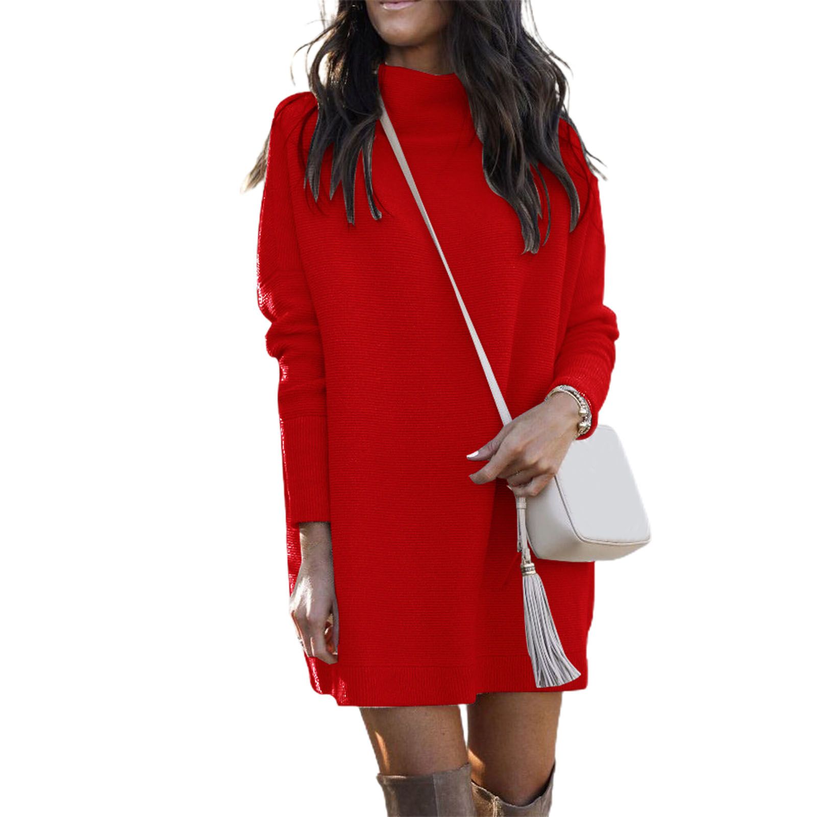 Office Lady Dress All Match Solid Color O Neck Sweater Dress