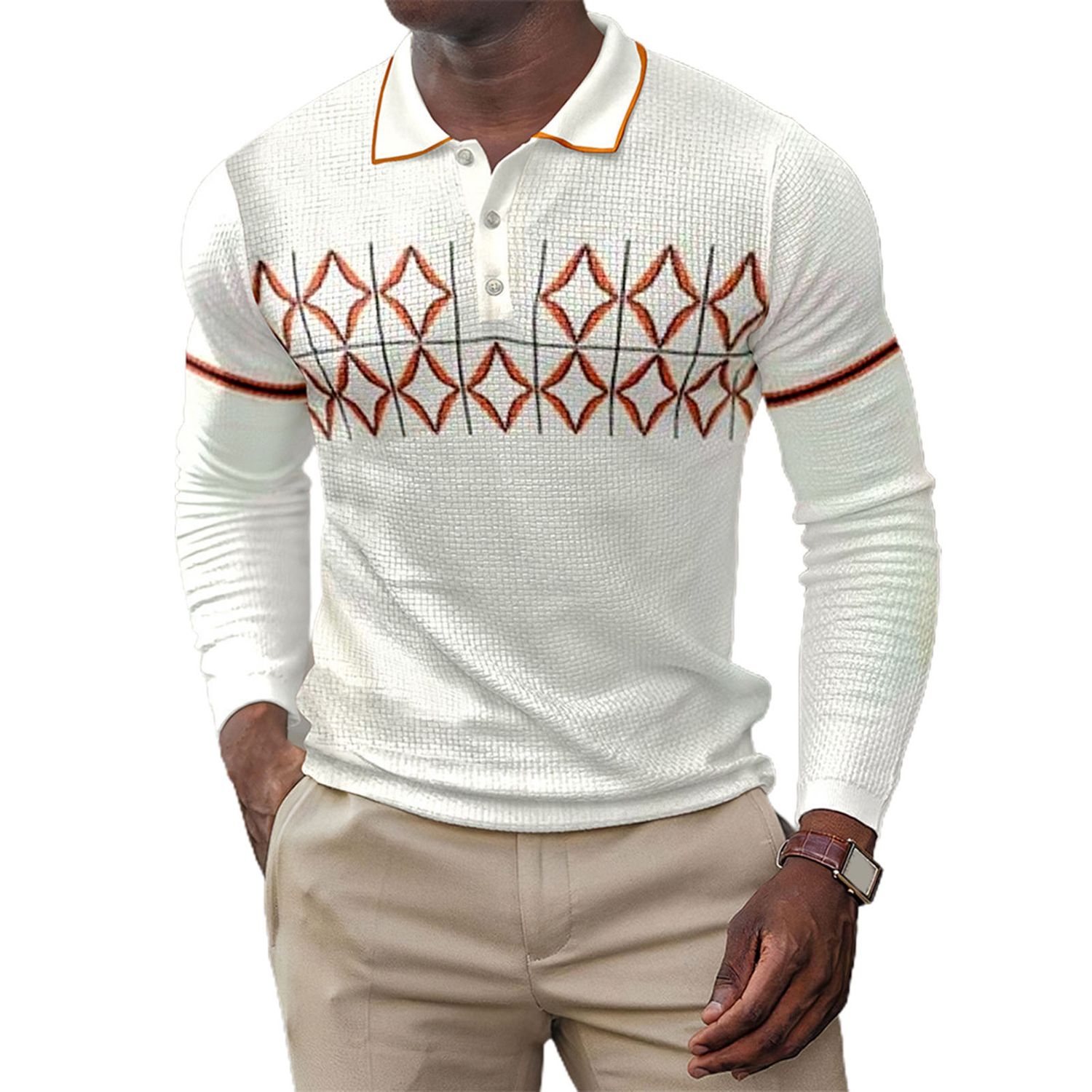 Pullover Shirt Stretchy Vintage Print Turn-Down Collar Shirt