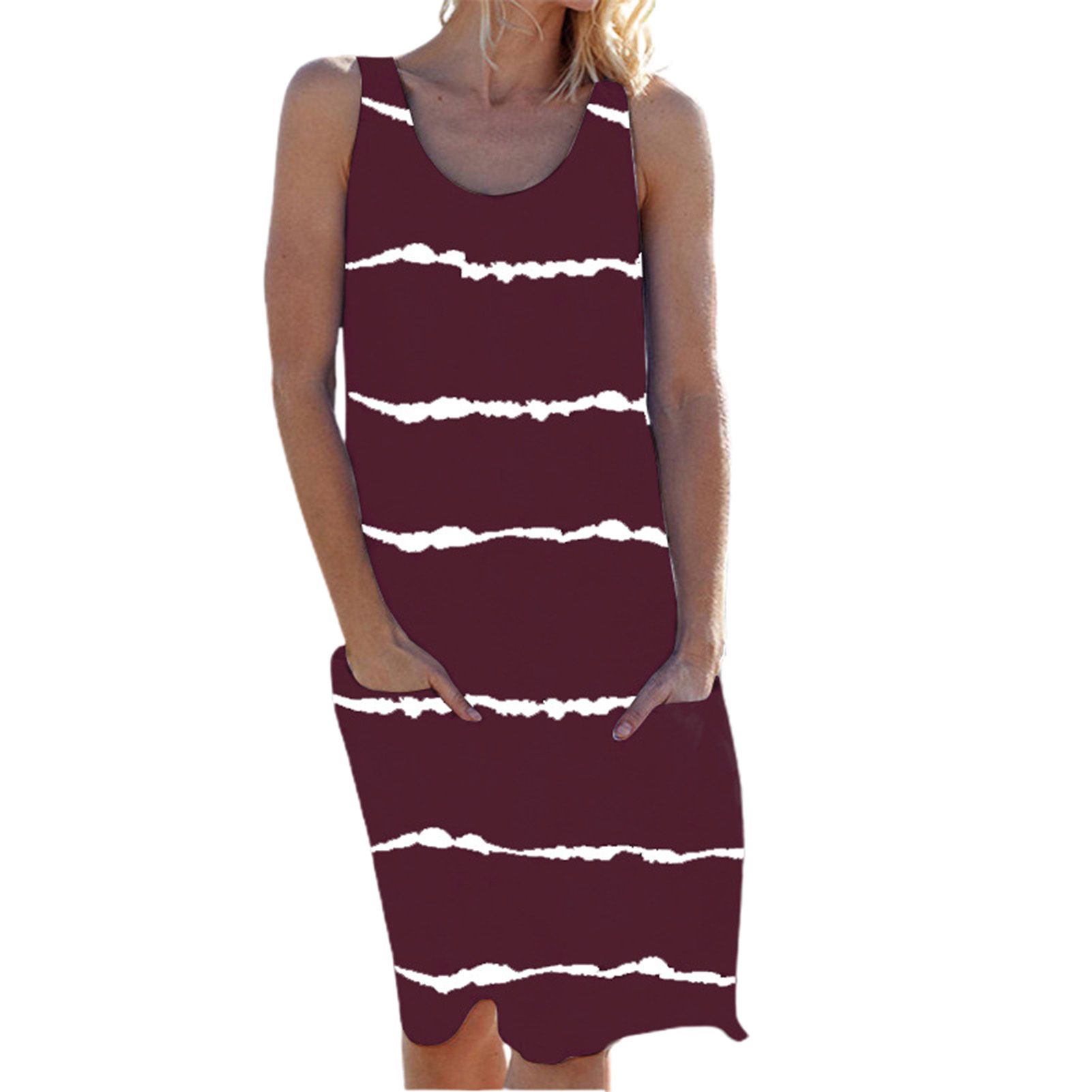 Women O Neck Stripe Print Pockets Sleeveless Midi Dress Streetwear for Dating