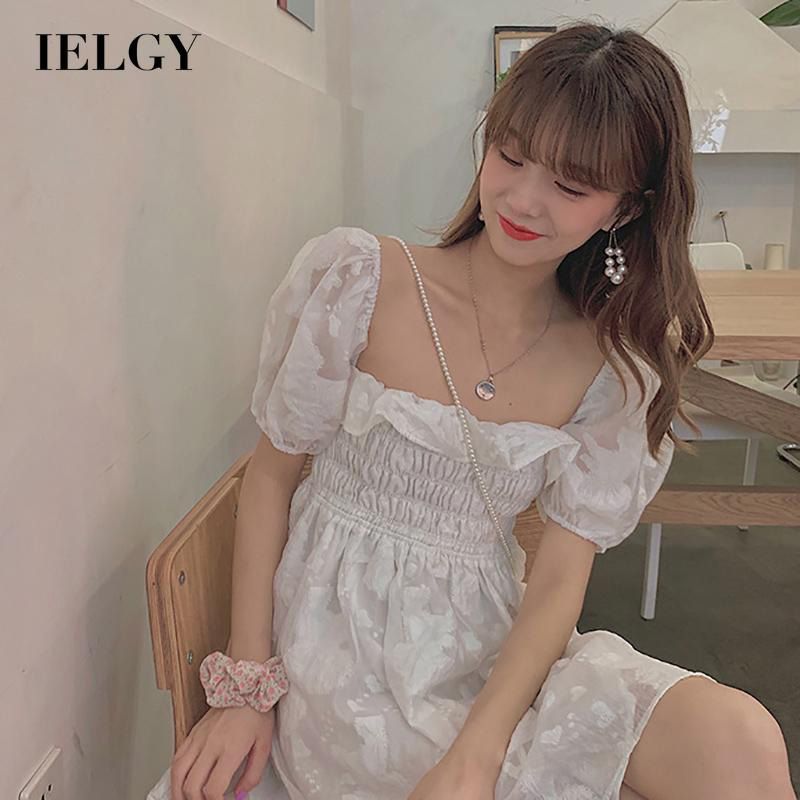 IELGY reduce age Puff sleeves one shoulder fluffy look thin temperament fashion waist solid color dress