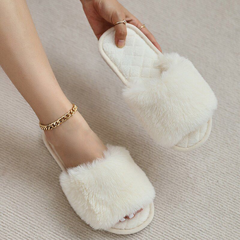Winter Women Slippers Female Solid Faux Open Toe Warm Plush Flat House Slipper Lady Comfortable Indoor Women's Shoes