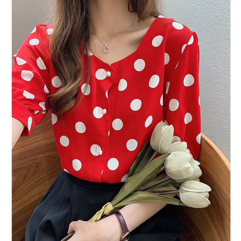 Women's Polka Dot T-Shirt, Summer Fashion Puff Sleeve Button Down Chiffon Tops Blouse