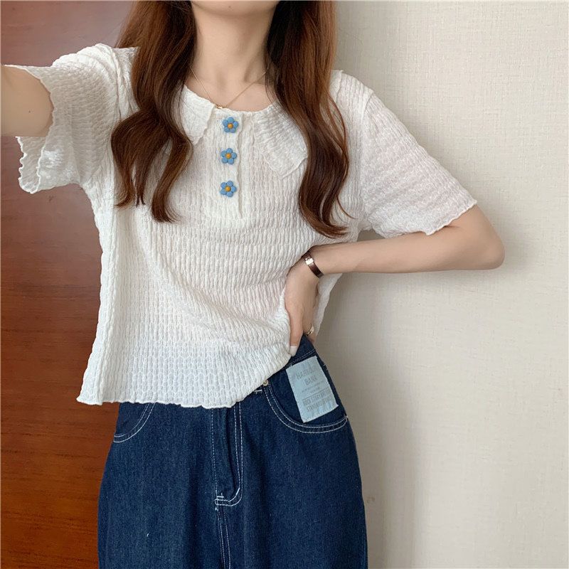 Women's Floral Button Front T-Shirts, Short Sleeve Doll Collar Loose Smocked Tops