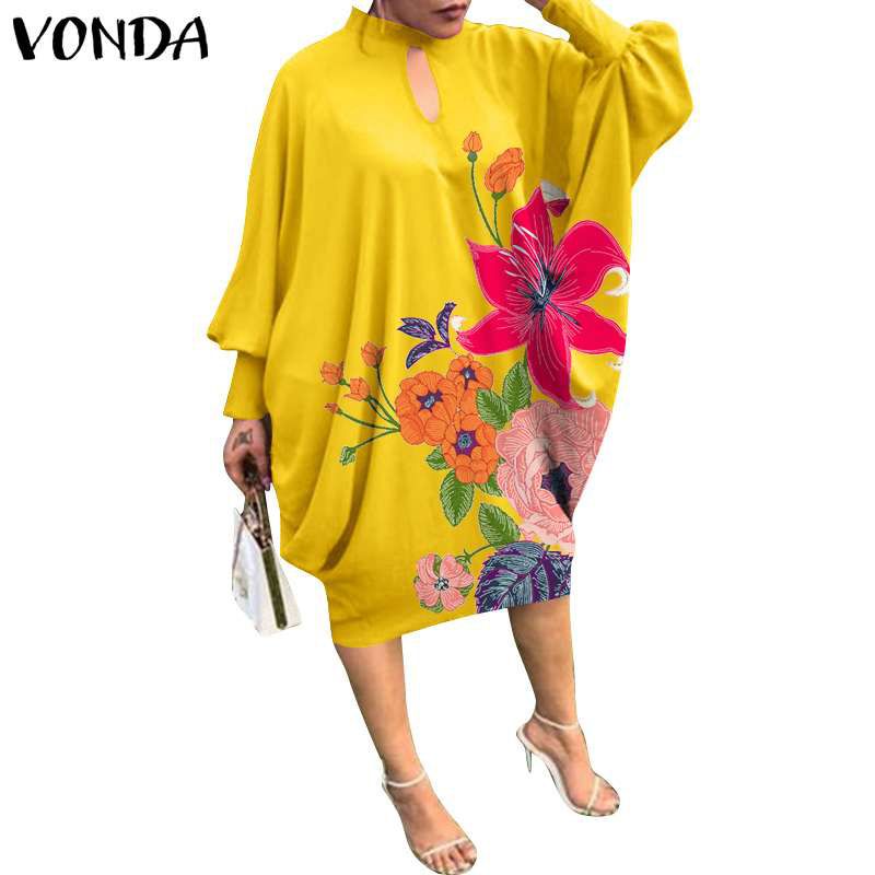 Women Autumn Dress 2021 VONDA Beach Sundress Vintage Long Sleeve Printed Party Mdi Dress Casual Lapel Neck Vestidos Elegant Robe
