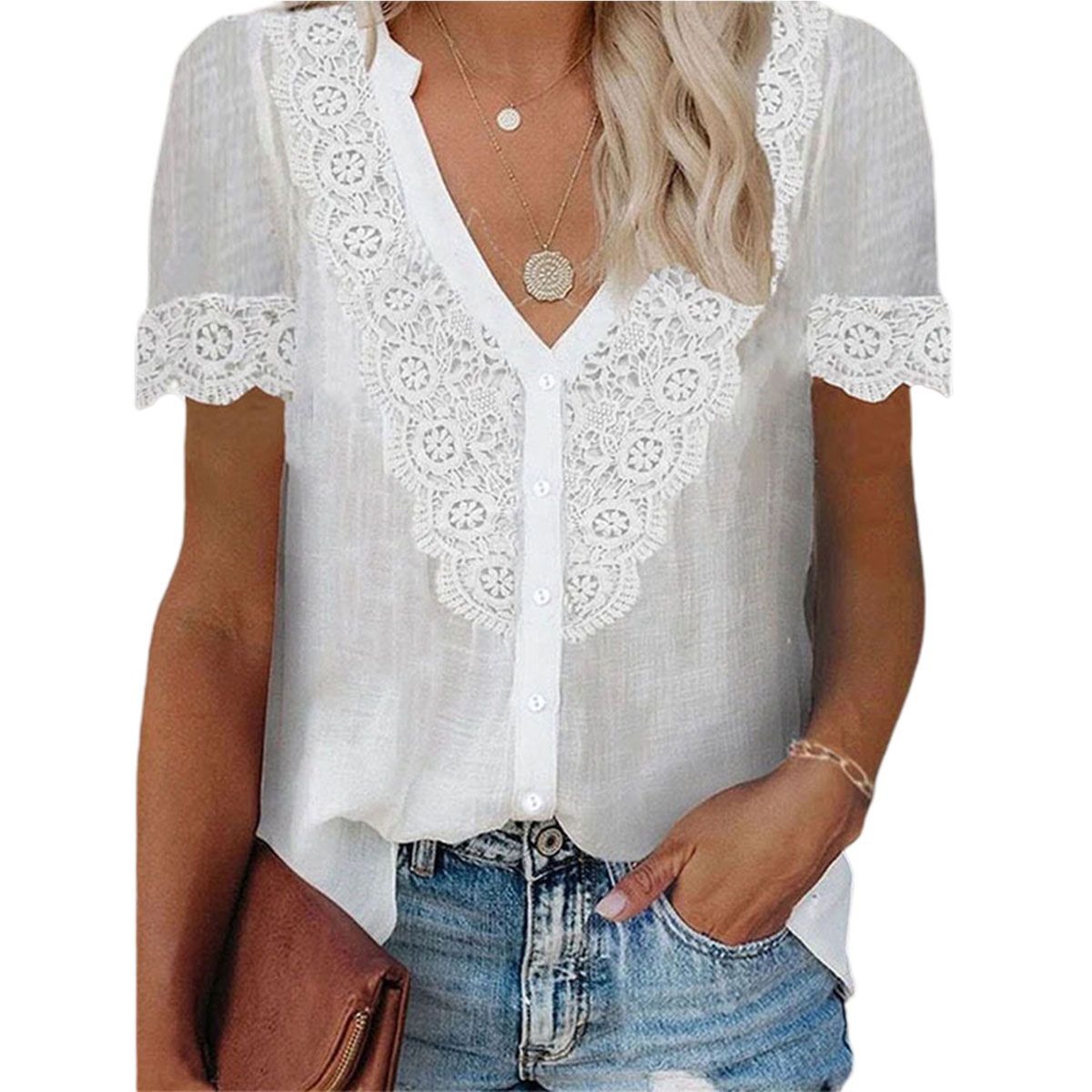 Women Shirt Short Sleeve Single ed Crochet Shirt