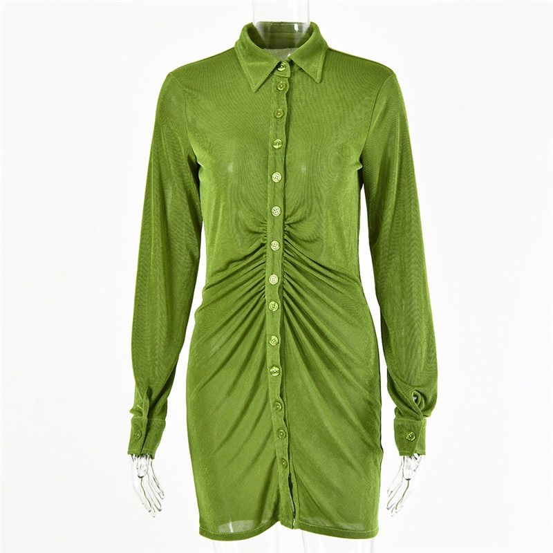 FANTOYE Pleated Turn-Down Collar on Blouse Dress Women  Long Sleeve Mini Dresses Solid Streetwear Female Shirt Vestidos