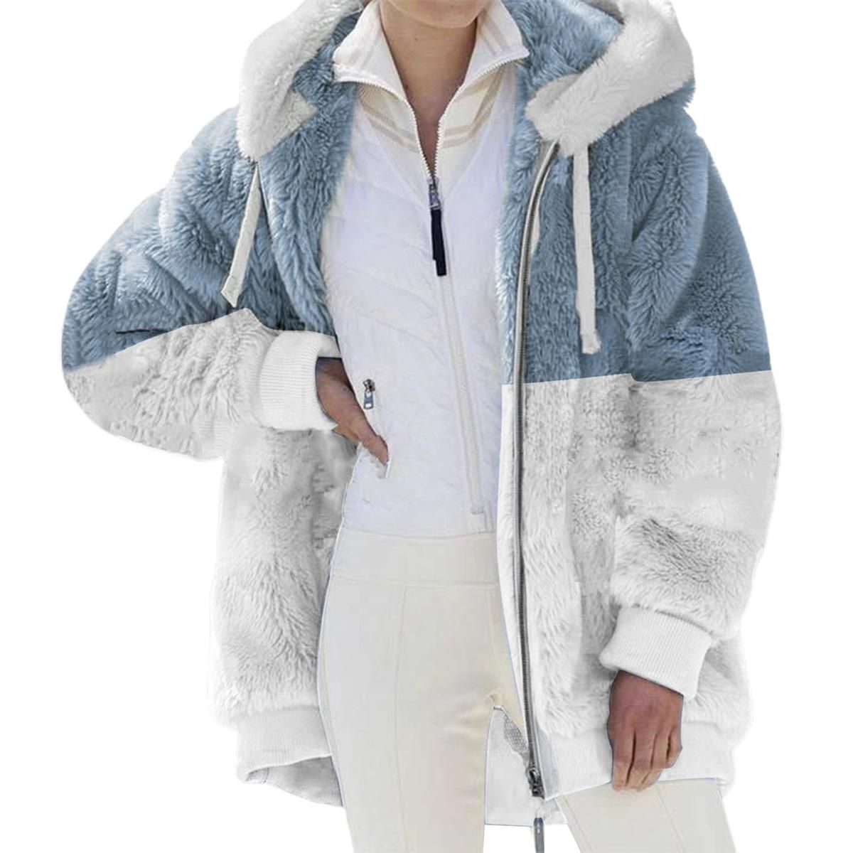 Cardigan Jacket Warm Patchwork Color Drawstring Fluffy Coat