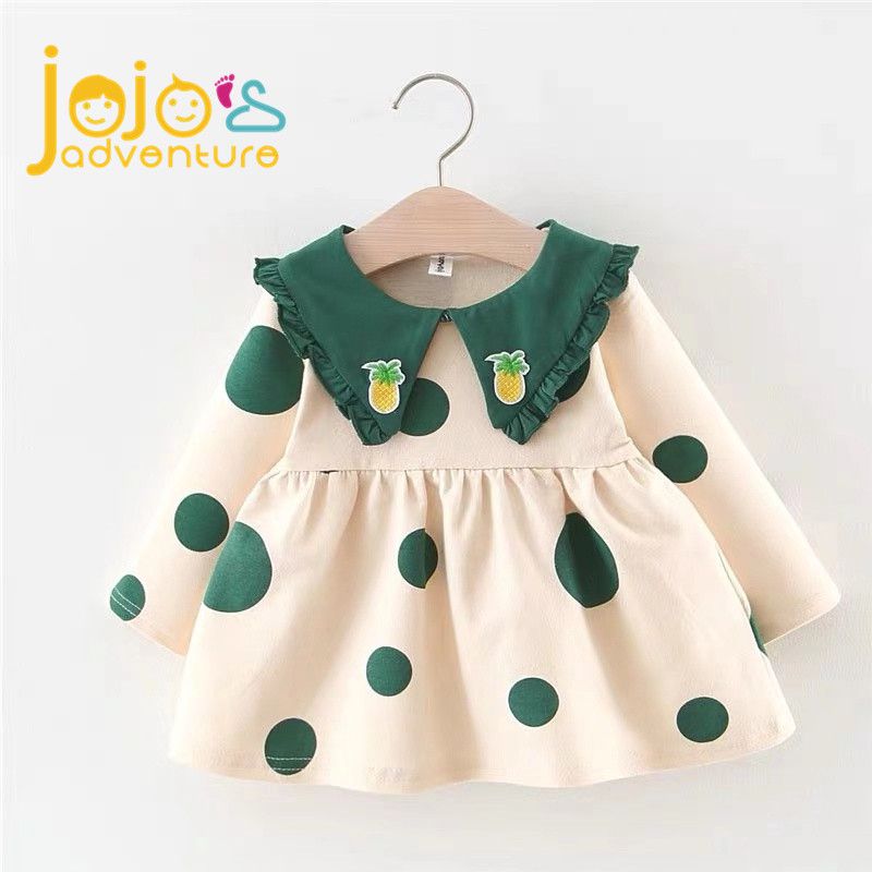 Baby girl dress Autumn clothing baby 01-2-3-4 year old girl Long sleeve Princess dress Polka dot decoration Doll collar Cute pineapple decoration pink green M/L/XL/XXL