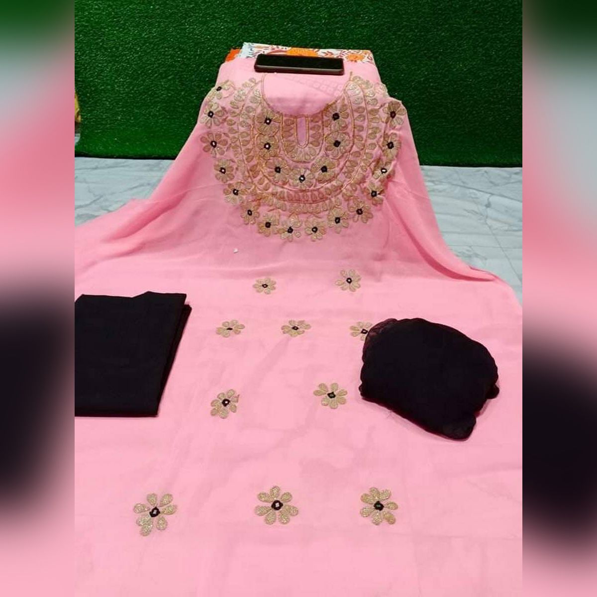 Three Piece Unstitched Green latest new Collection Stylish soft Georgette Embroidery Salwar Kameez Party dress Fashionable Casual Wear New Collection For Women Ladies Free Size