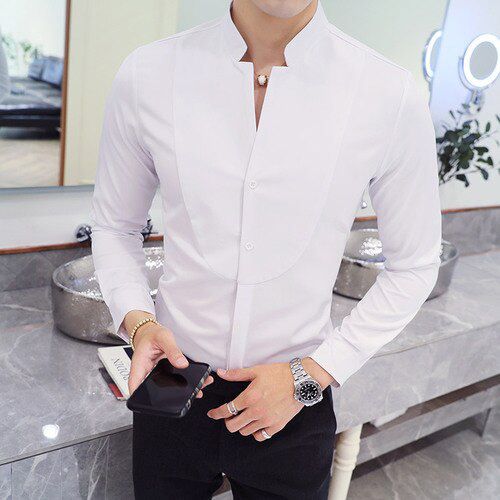 Stand Collar Mens Dress Shirts Long-sleeved, Black ,Red ,White, Slim Elegant  Men Leisure Shirt 2019 New Man Wedding Shirt