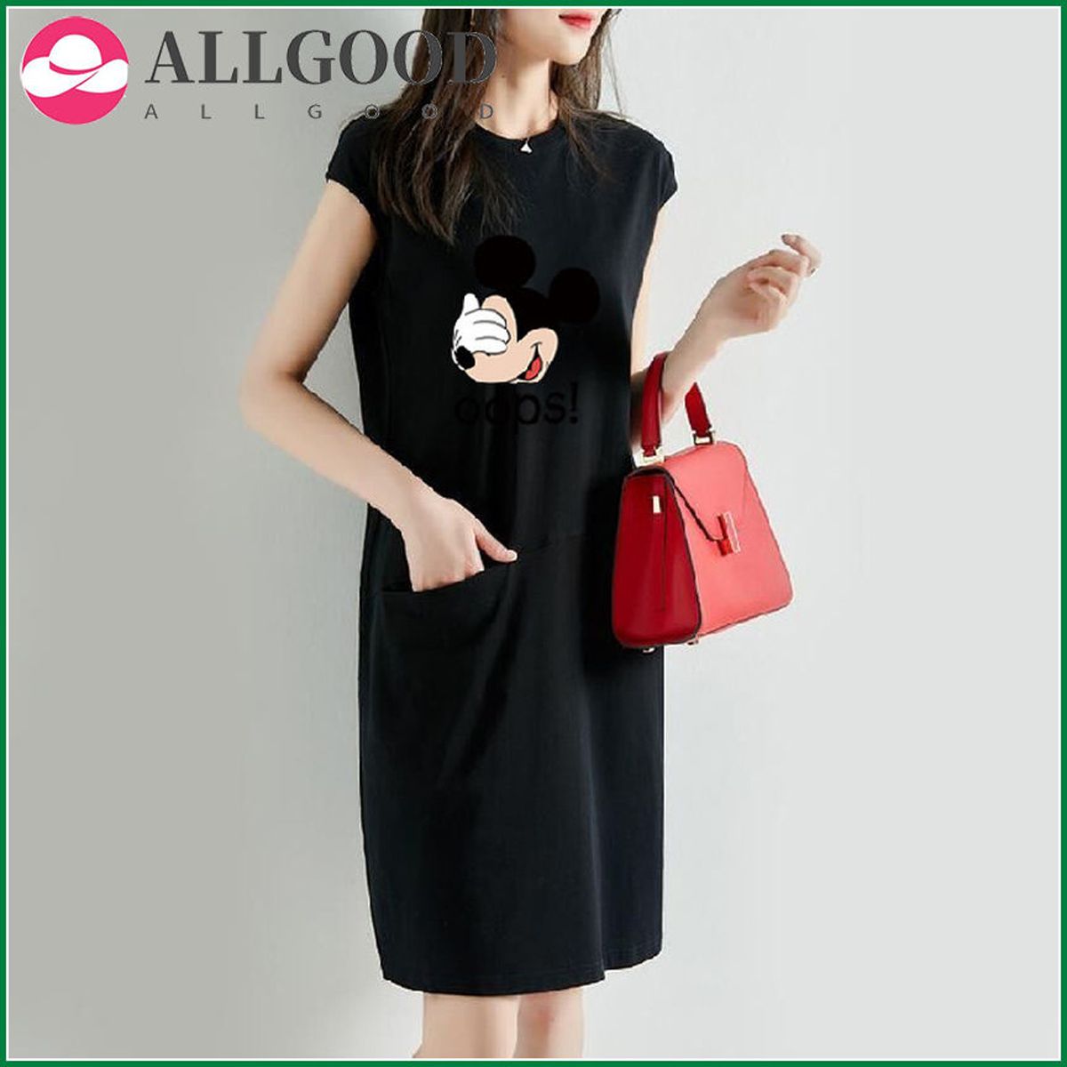 Summer Solid Print Black Dress Women Korean Stitching Pocket Tshirt Dress Elegant Knee-Length Casual Vestidos femme Clothes