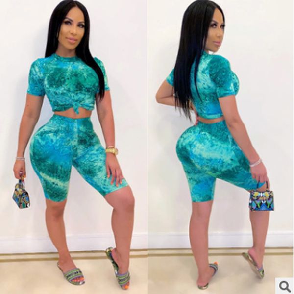2021 Women's Summer Outfits 2-Piece Fashion Casual Tie-dye Printed Short Sleeve Top + Shorts Suit Sports