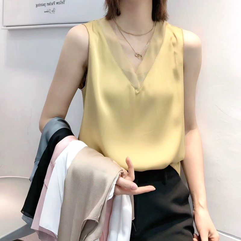Women's Elegant Blouse Solid V-neck White Satin Silk Shirt Vintage Clothing Chiffon Tunic Tops for Women Summer