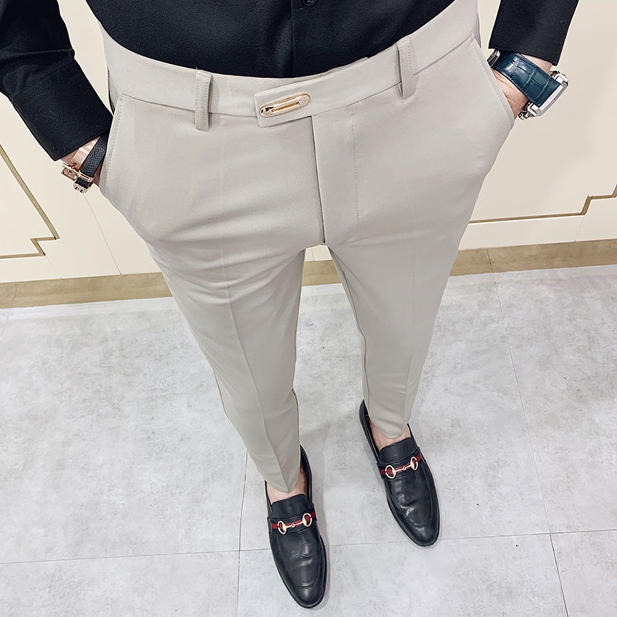 Spring 2022 Men Pants Korean Slim Fit Men Casual Ankle Length Pants Streetwear Men High Quality Black Gray Dress Suit Pant Man