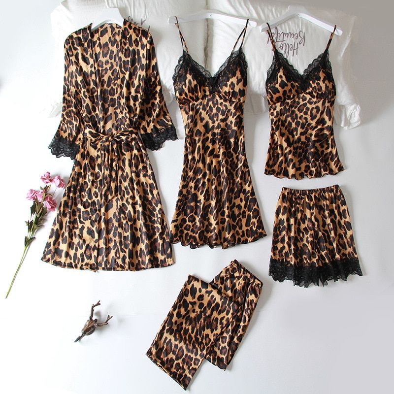Summer  5 Pcs Set Women Pyjama Satin High Quality y Leopard Sleepwear With ChPad Pajamas
