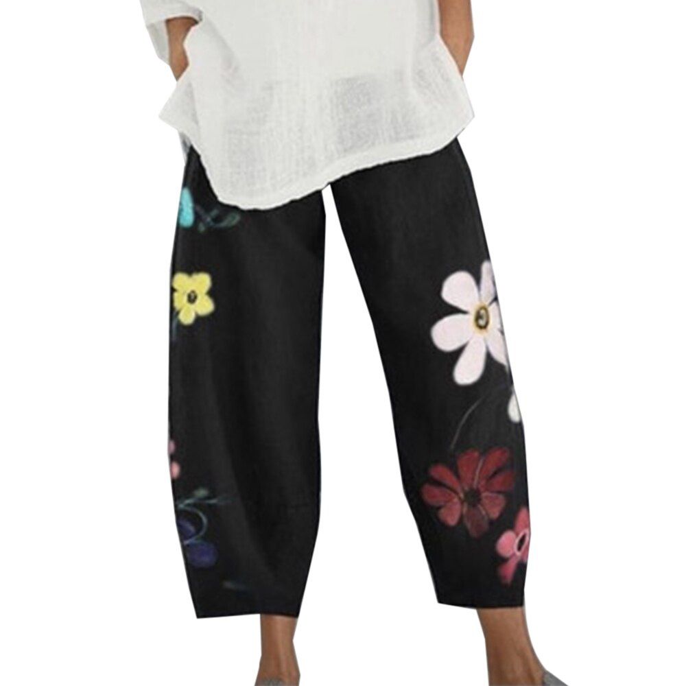 Women Casual Harem Pants Summer Elastic Waist Wide Leg Pants Vintage Floral Print Trouser Femme Loose Pantalon Plus Size