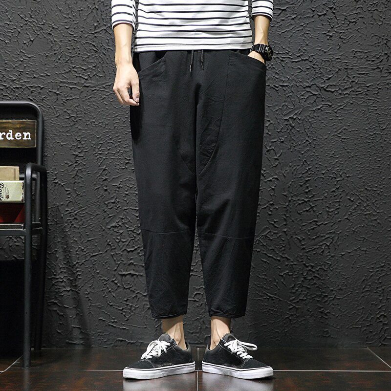 Mens Straight Casual Ankle-Length Pants Chinese Style Summer Male Harem Spring Mens Cargo Cotton Comfortable Solid P