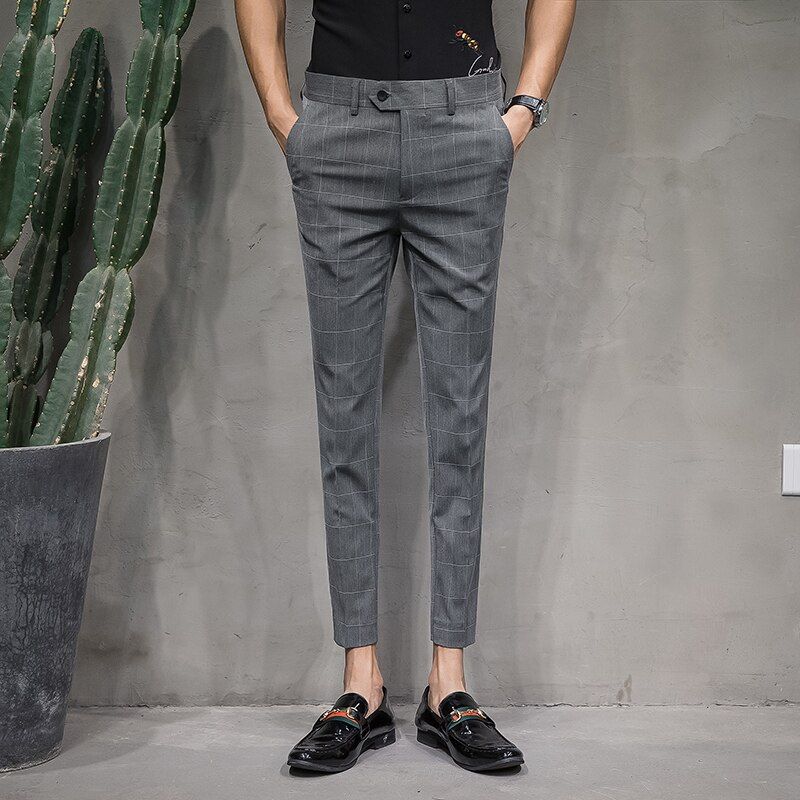 Korean Slim Fit Men Dress Pants Fashion Vertical Stripes Men Suit Pants Streetwear Ankle Length Office Trousers Men Formal 36-28