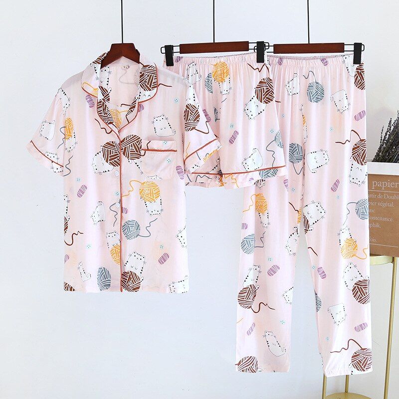 3 PCS Viscose Pajama Set Women Pajamas Casual Long Sleeve Sleepwear Printed Summer Pyjama Shorts Female Homewear