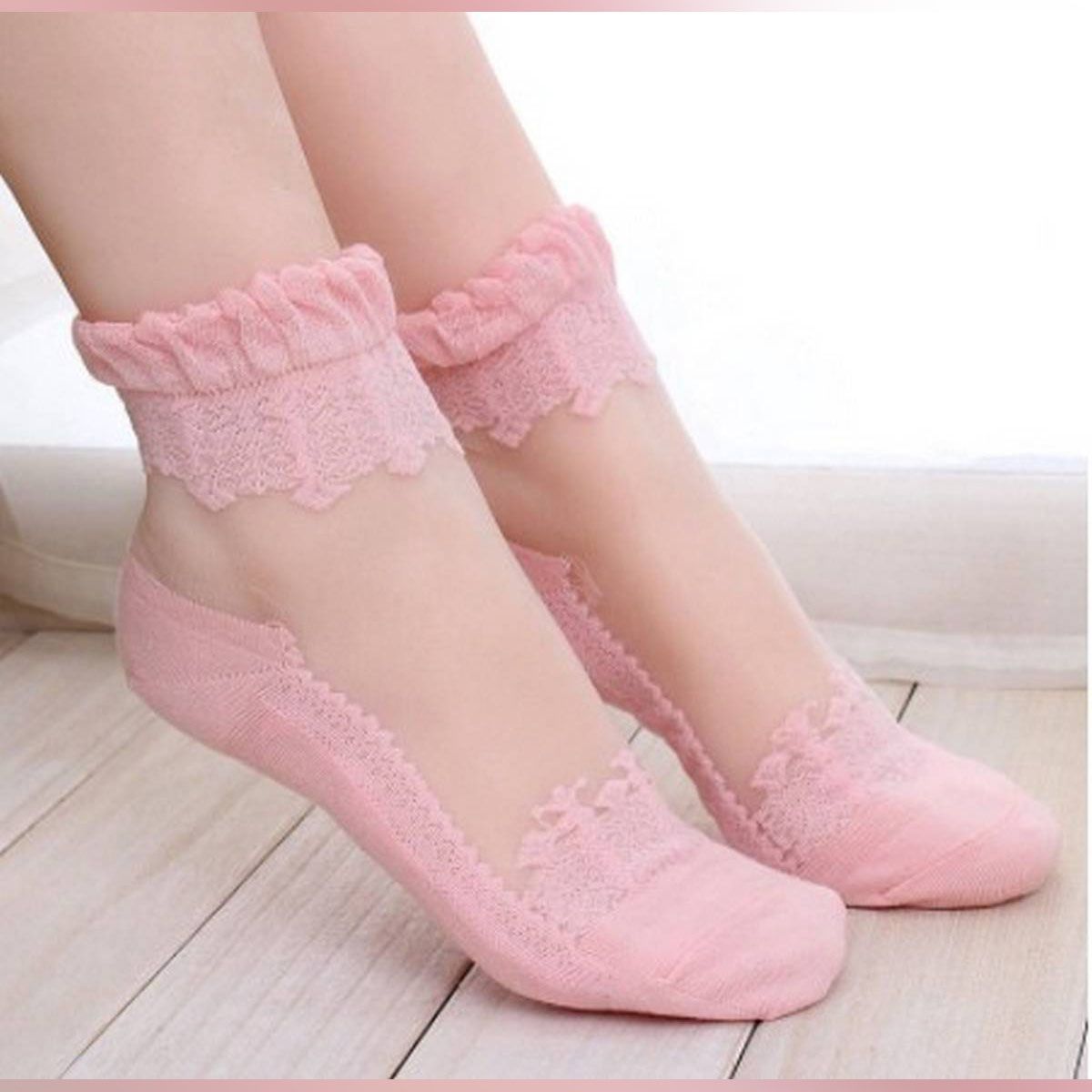 Pink Colors Fashion Ultrathin Transparent Beautiful Crystal Lace Elastic Short Socks 1 Pair