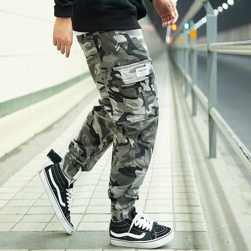 ELKMU  Cargo Pants Men Joggers Streetwear Pencil Pant Hop CTactical Trousers Purple Iron Chain HE192
