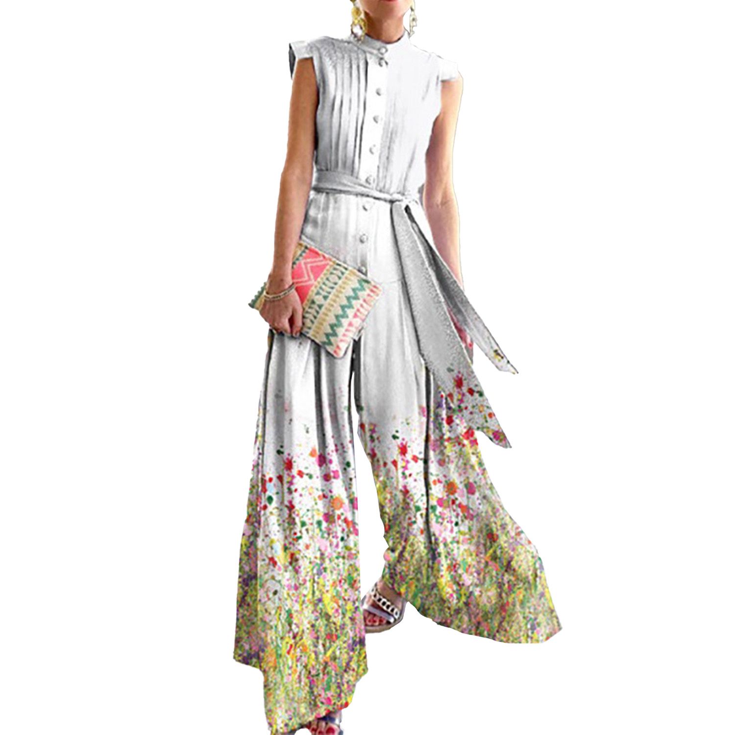 Office Lady Jumpsuit Floral Print Stand Collar Women Wide Leg Belted Patchwork Romper for Party